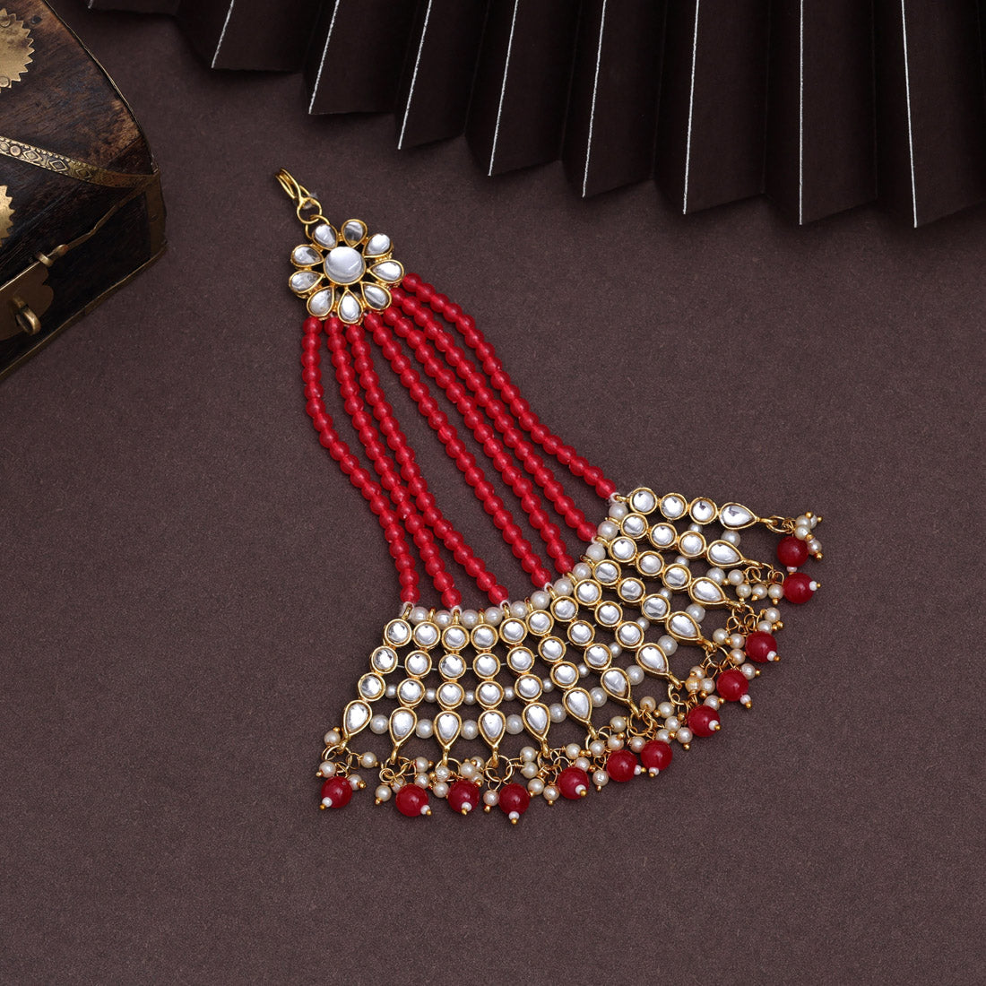 Red Color Kundan Maang Pasa (MPS184RED) - preyans.com