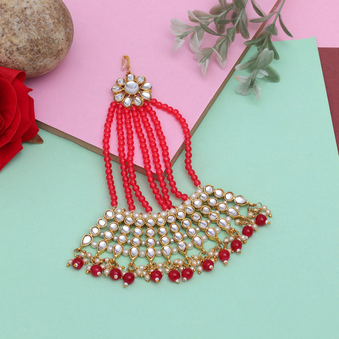 Red Color Kundan Maang Pasa (MPS184RED) - preyans.com