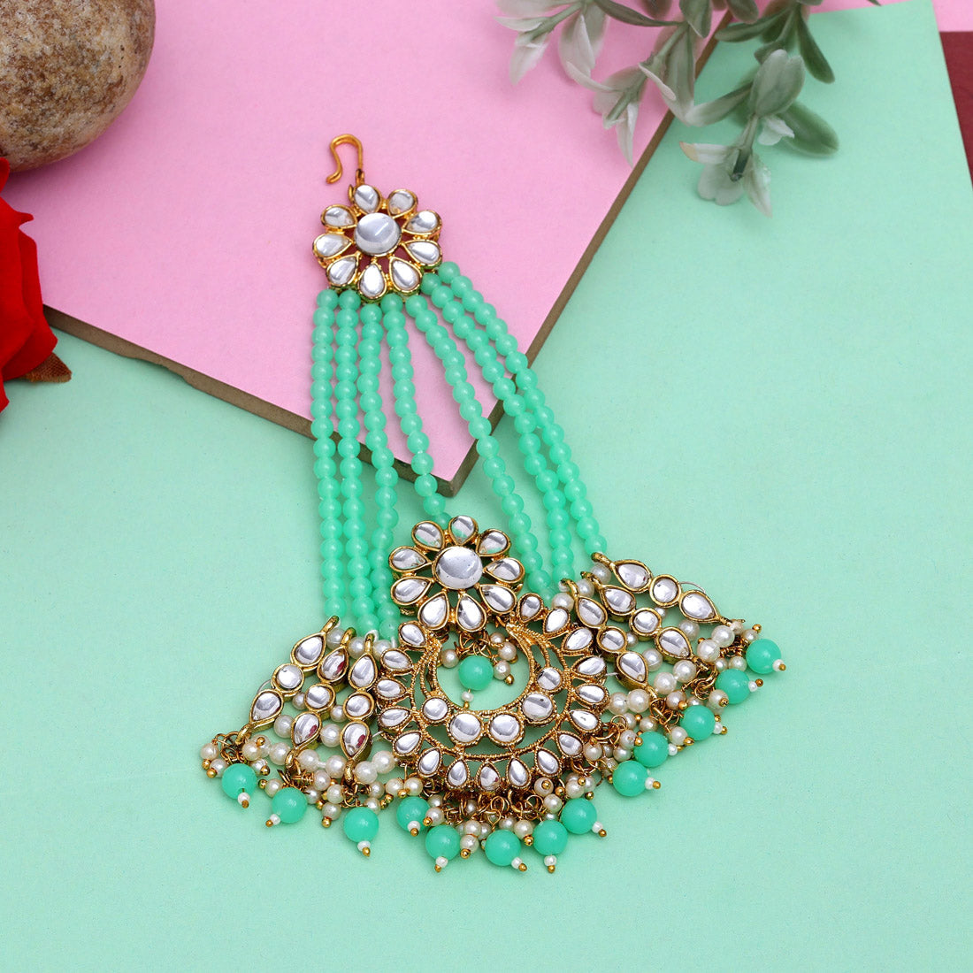 Parrot Green Color Kundan Maang Pasa (MPS185PGRN) - preyans.com