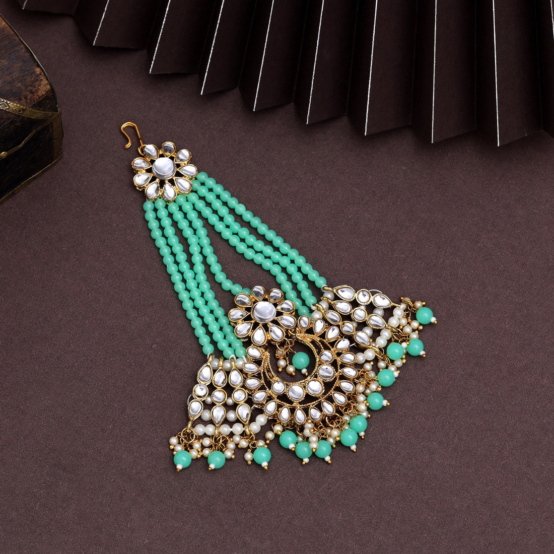 Parrot Green Color Kundan Maang Pasa (MPS185PGRN) - preyans.com