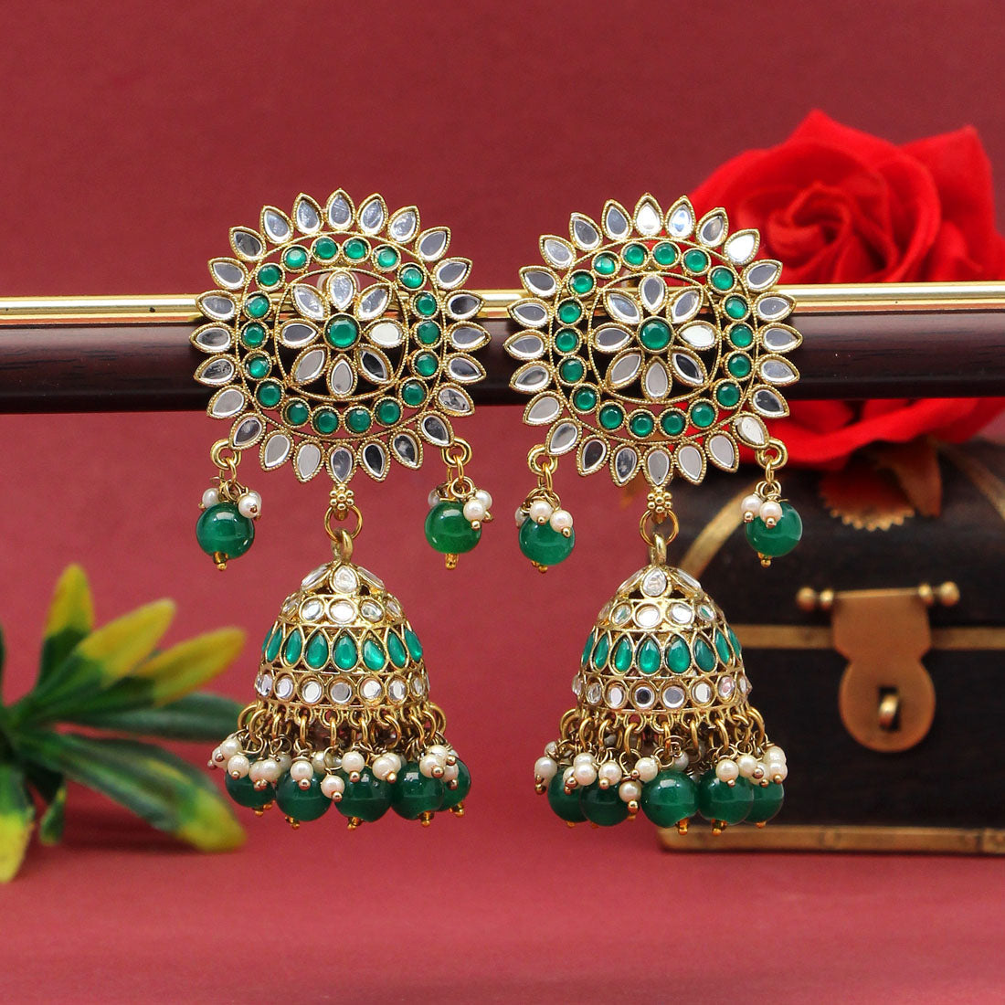 Green Color Mirror Earrings (MRE125GRN) - preyans.com