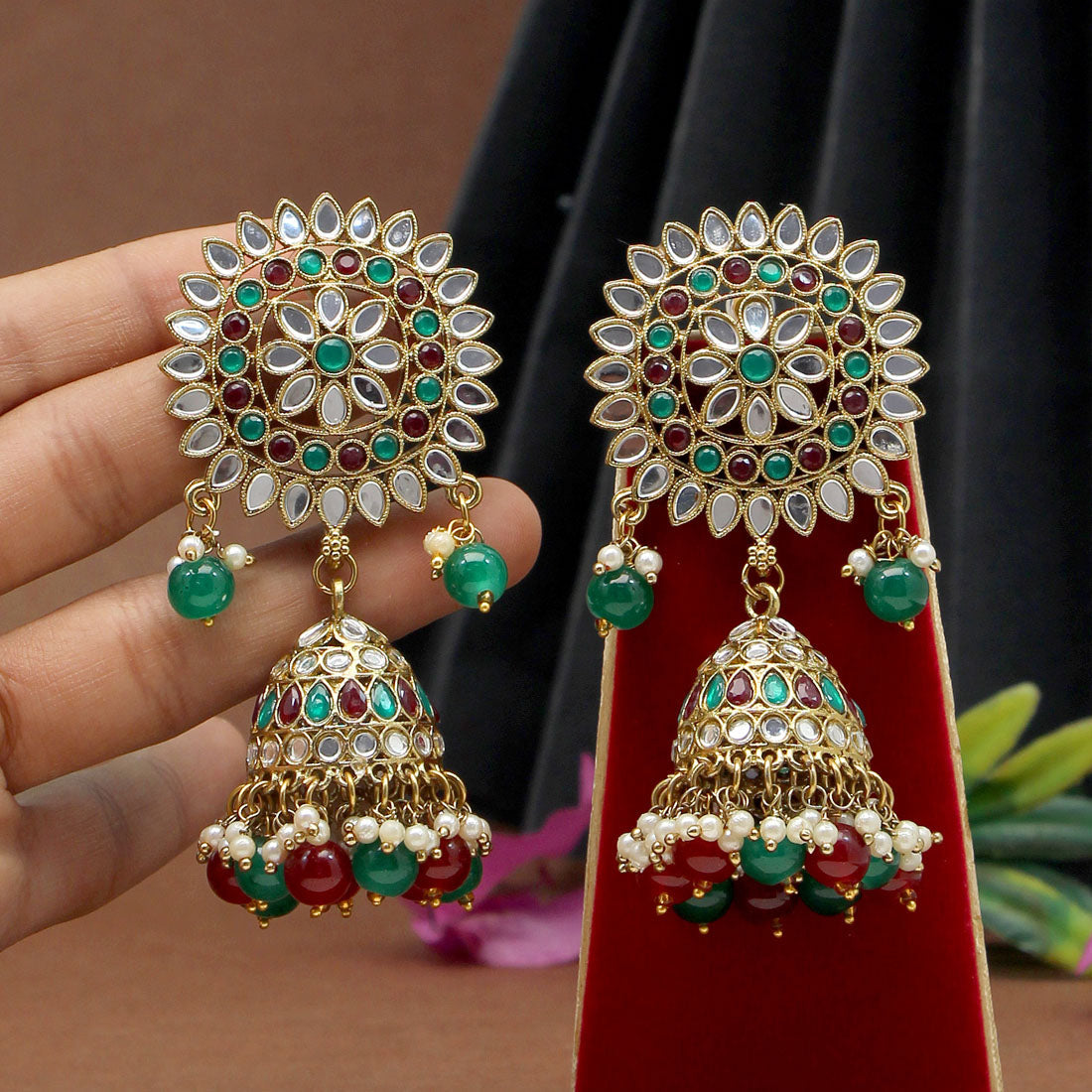 Maroon & Green Color Mirror Earrings (MRE125MG) - preyans.com