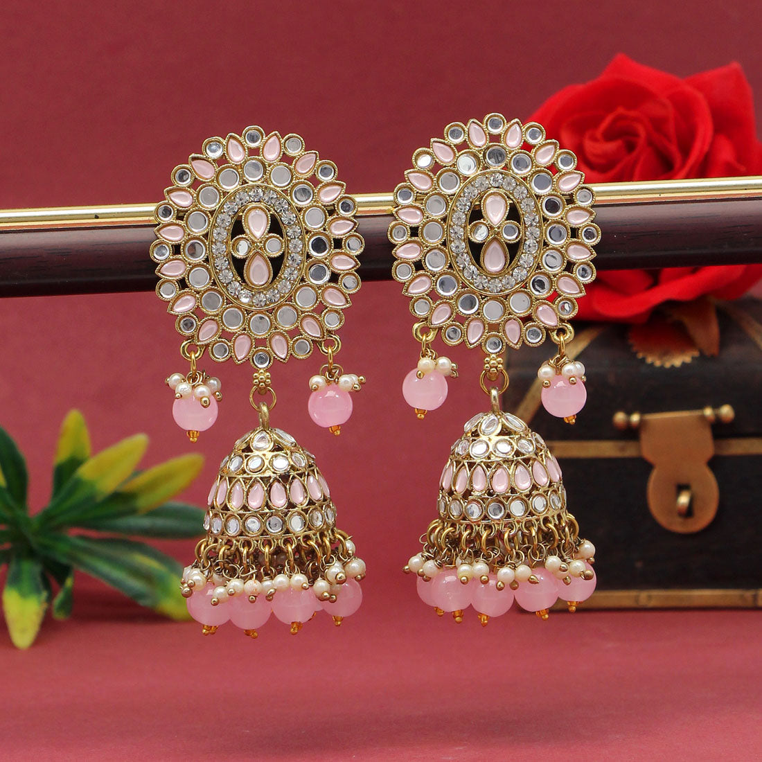 Pink Color Mirror Earrings (MRE126PNK) - preyans.com