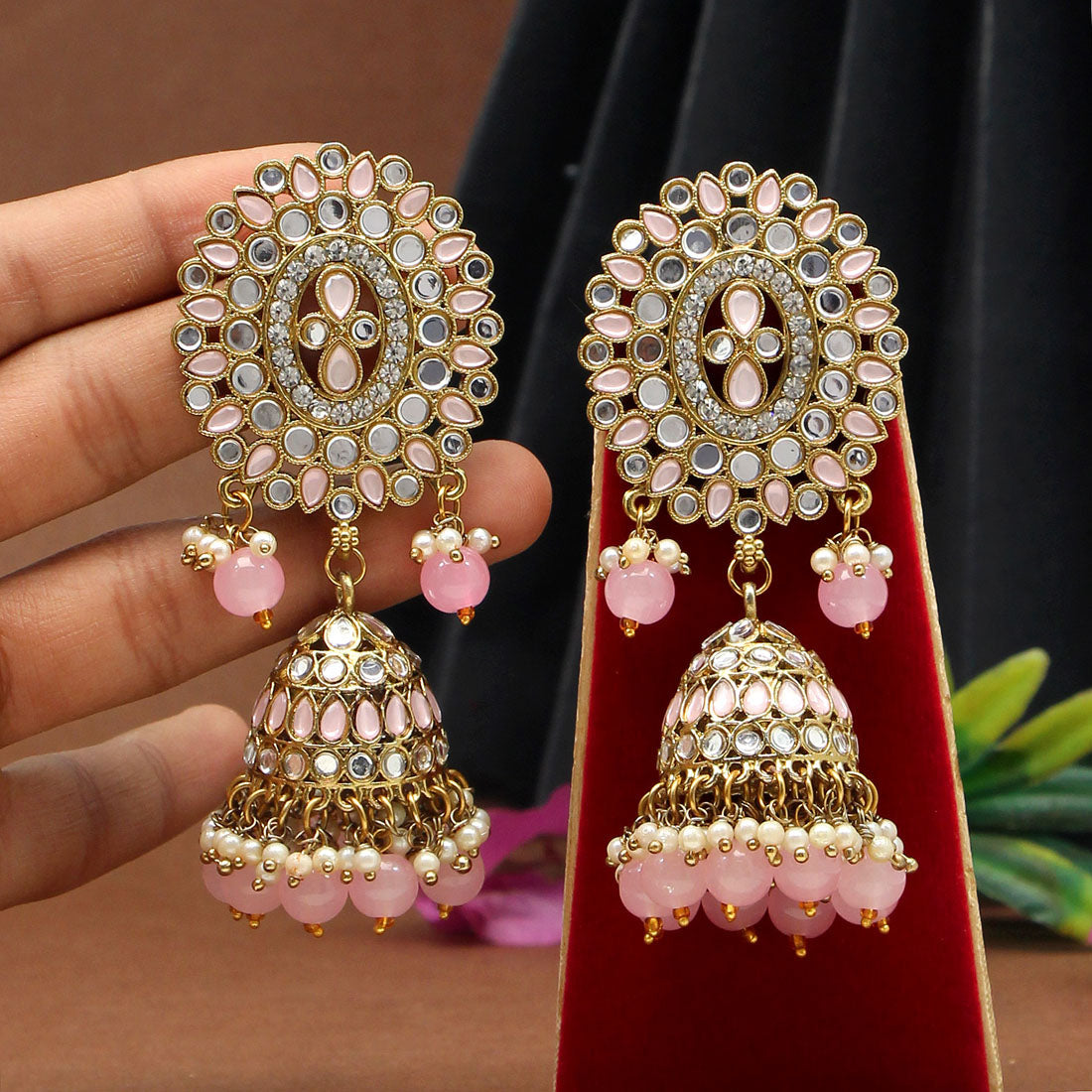 Pink Color Mirror Earrings (MRE126PNK) - preyans.com