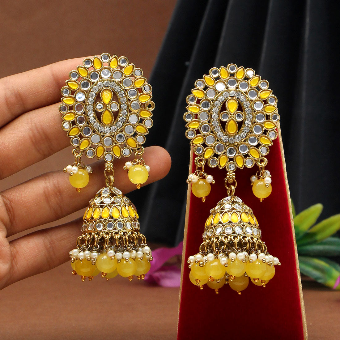 Yellow Color Mirror Earrings (MRE126YLW) - preyans.com