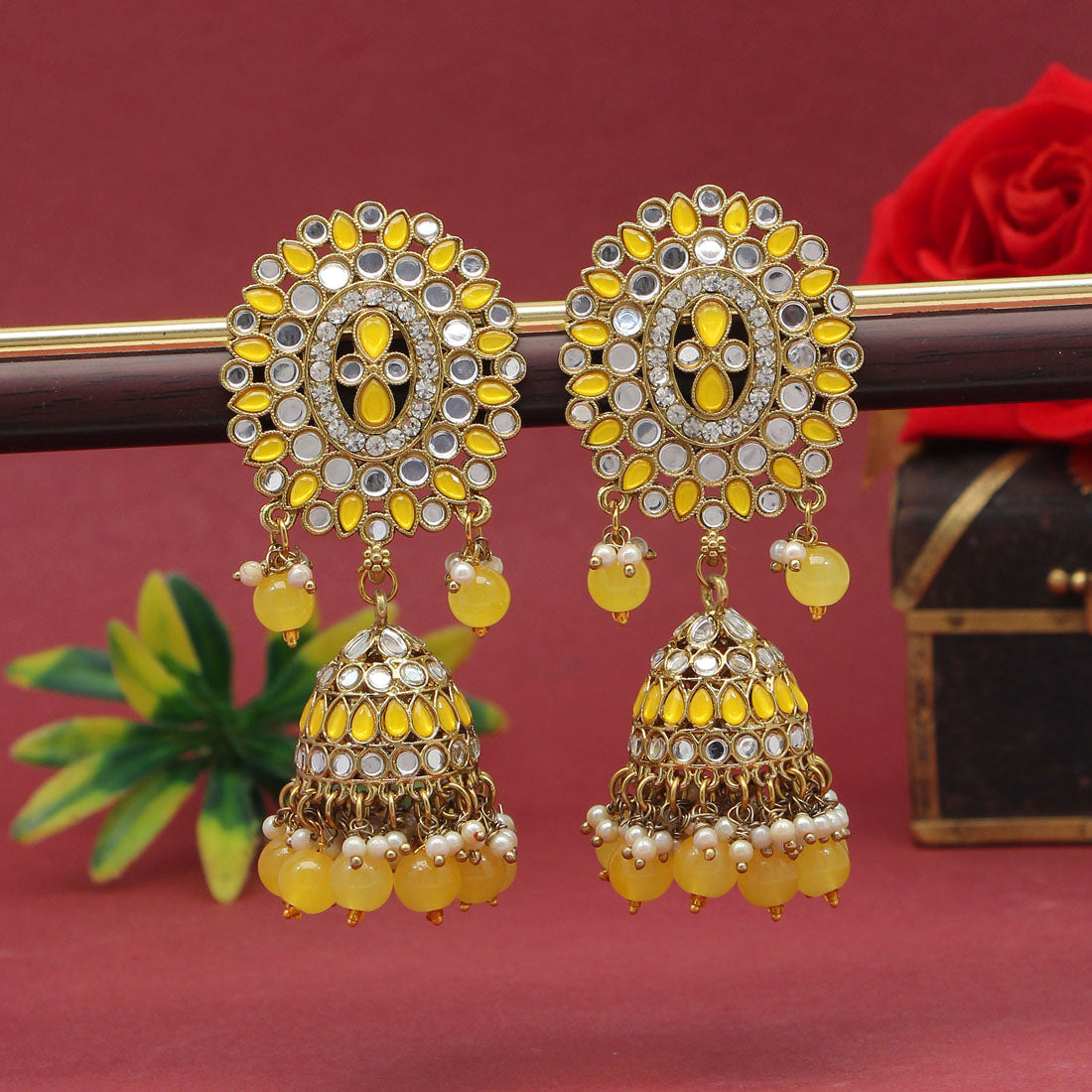 Yellow Color Mirror Earrings (MRE126YLW) - preyans.com