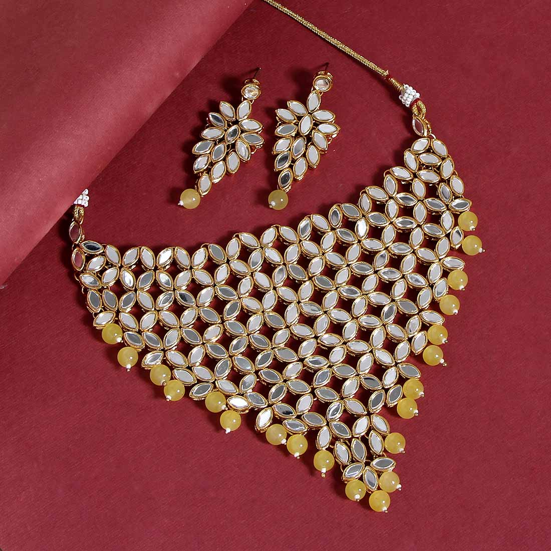 Lemon Yellow Color Kundan Mirror Necklaces Set (MRN101LYLW) - preyans.com