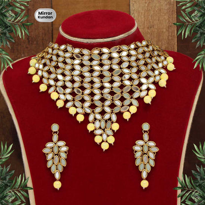 Lemon Yellow Color Kundan Mirror Necklaces Set (MRN101LYLW) - preyans.com