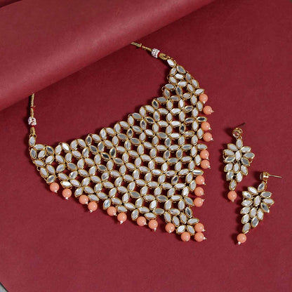 Peach Color Kundan Mirror Necklaces Set (MRN101PCH) - preyans.com