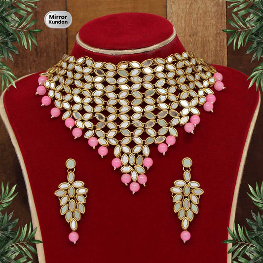 Pink Color Kundan Mirror Necklaces Set (MRN101PNK) - preyans.com