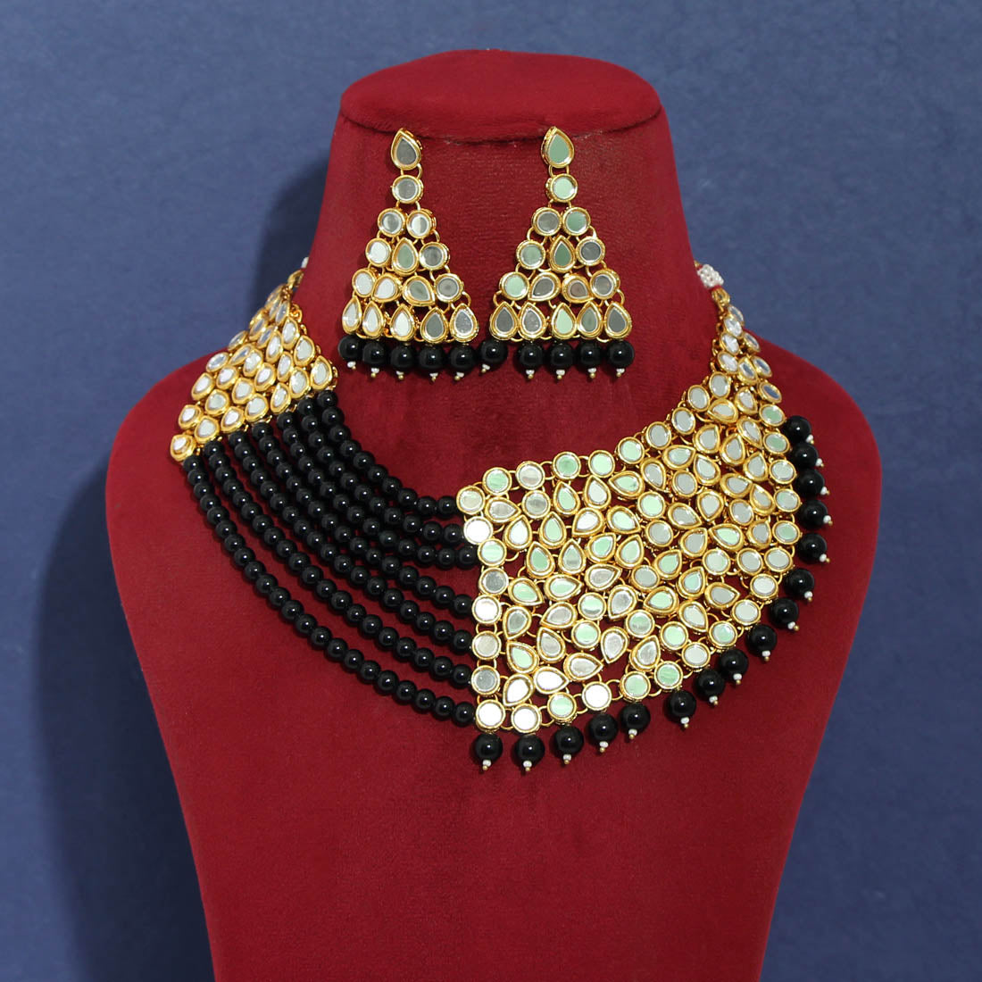 Black Color Kundan Mirror Necklaces Set (MRN104BLK) - preyans.com