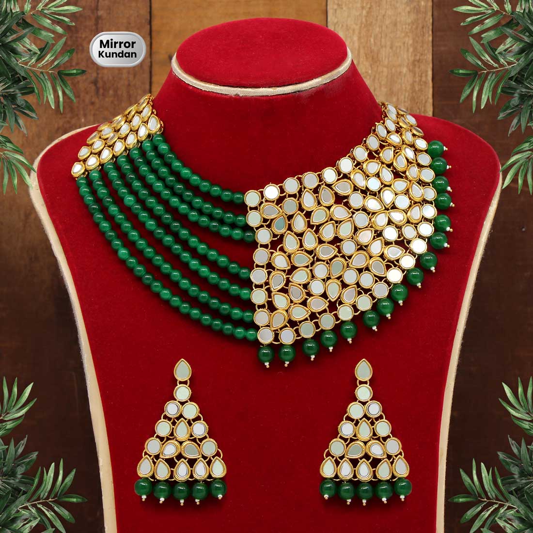 Green Color Mirror Kundan Necklace Set (MRN104GRN) - preyans.com