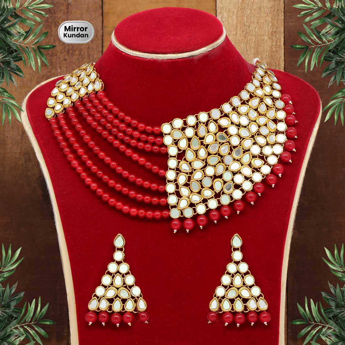 Red Color Mirror Kundan Necklace Set (MRN104RED) - preyans.com