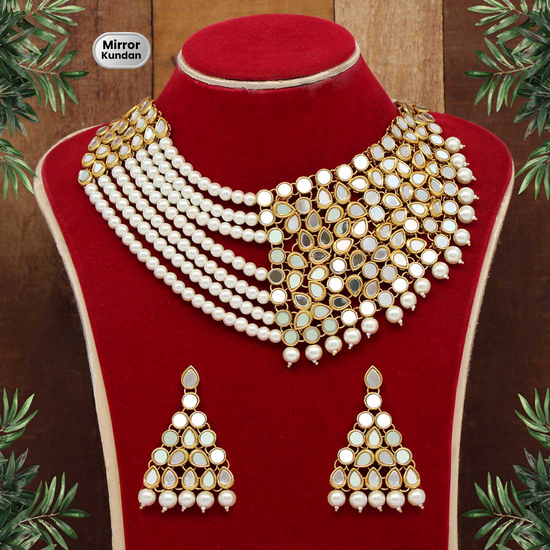 White Color Mirror Kundan Necklace Set (MRN104WHT) - preyans.com