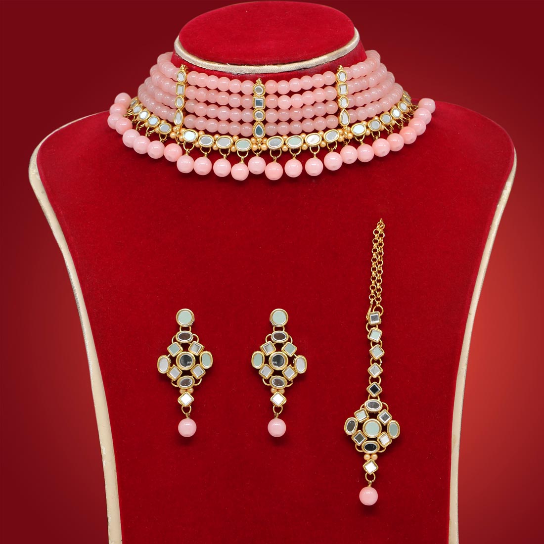 Peach Color Kundan Mirror Necklaces Set (MRN106PCH) - preyans.com