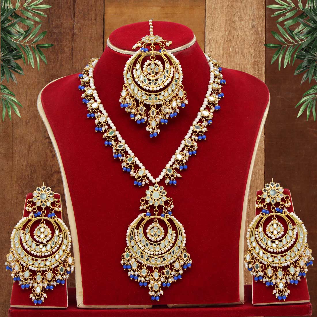 Blue Color Kundan Mirror Necklaces Set (MRN107BLU) - Preyans.com