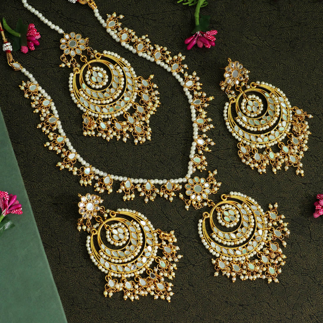 Gold Color Kundan Mirror Necklace Set (MRN107GLD) - Preyans.com