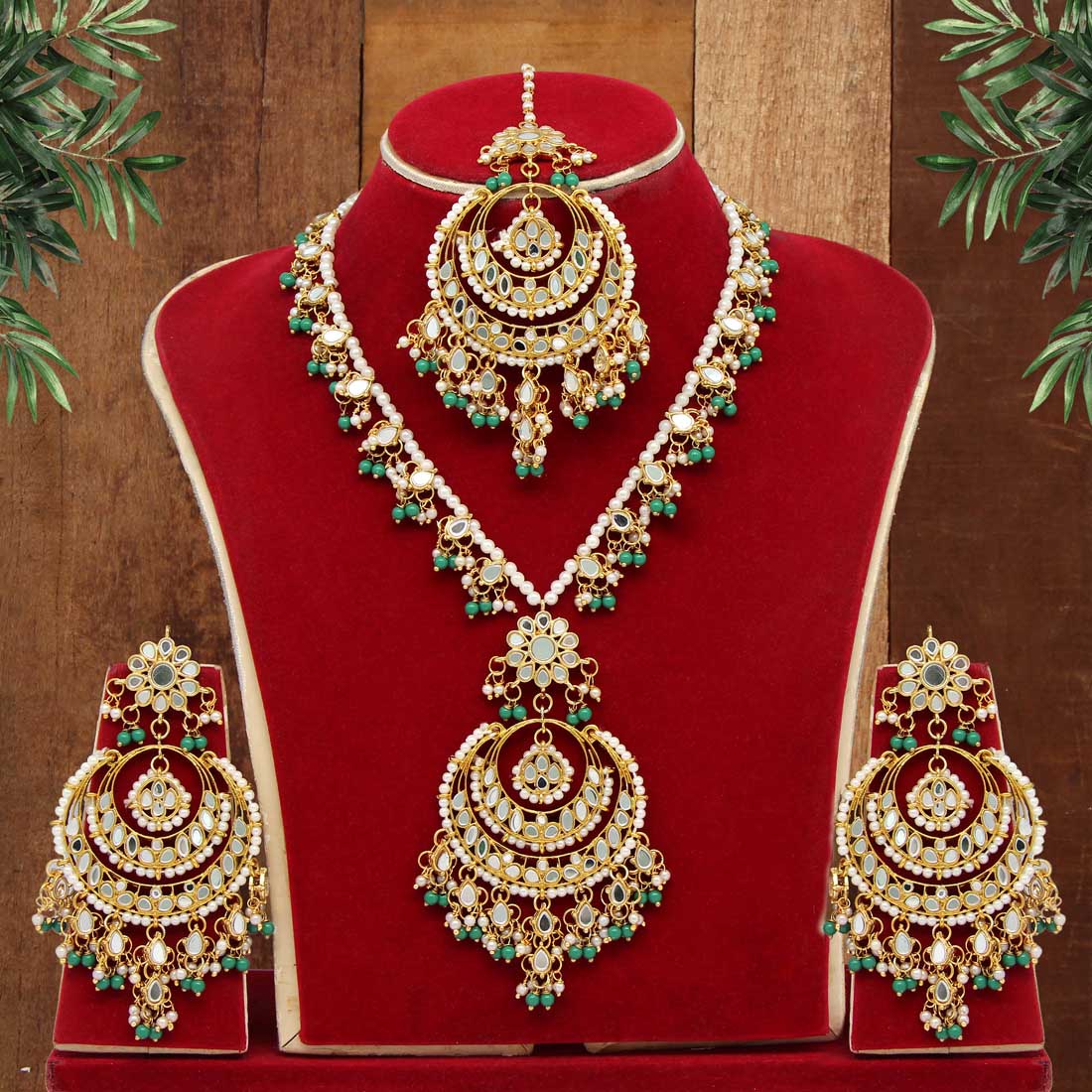 Green Color Kundan Mirror Necklaces Set (MRN107GRN) - Preyans.com