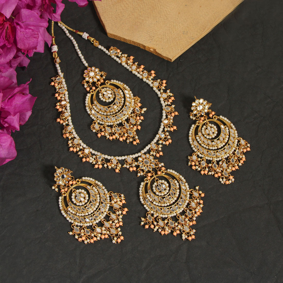 Peach Color Kundan Mirror Necklaces Set (MRN107PCH) - Preyans.com