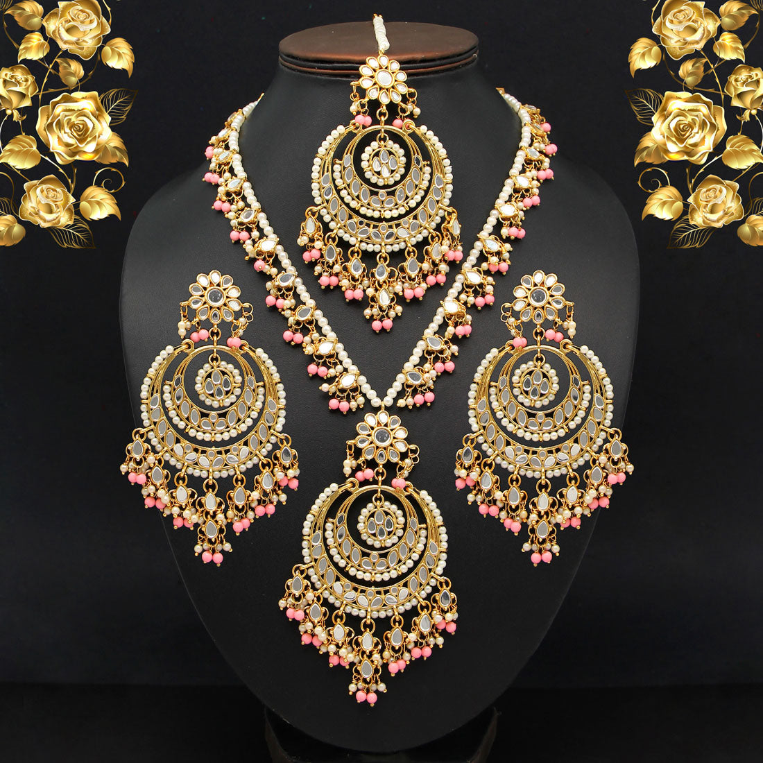 Pink Color Kundan Mirror Necklaces Set (MRN107PNK) - Preyans.com