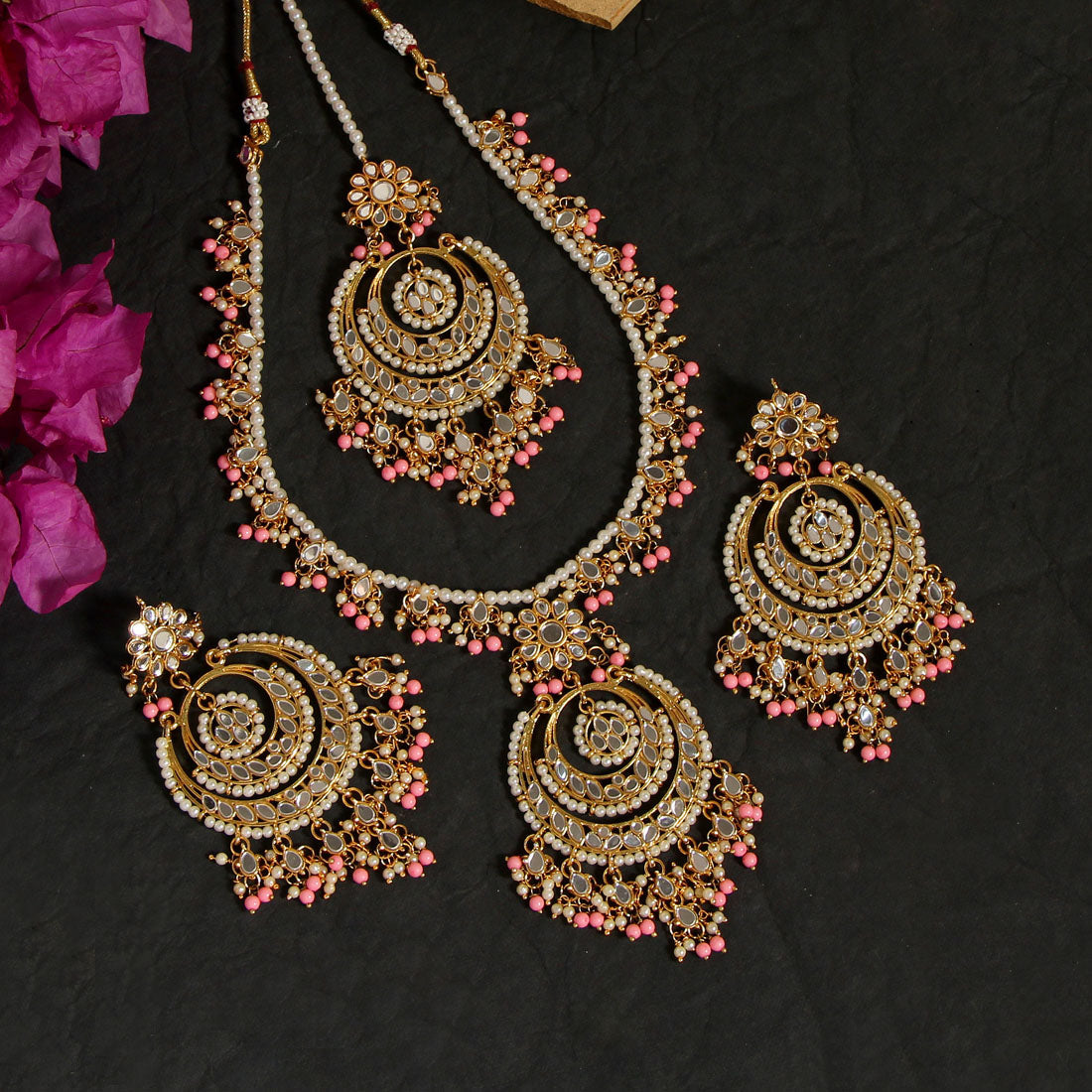 Pink Color Kundan Mirror Necklaces Set (MRN107PNK) - Preyans.com