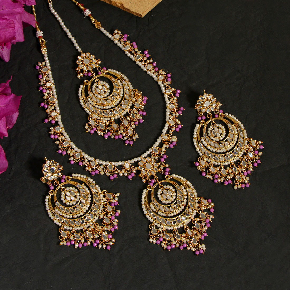 Purple Color Kundan Mirror Necklaces Set (MRN107PRP) - Preyans.com