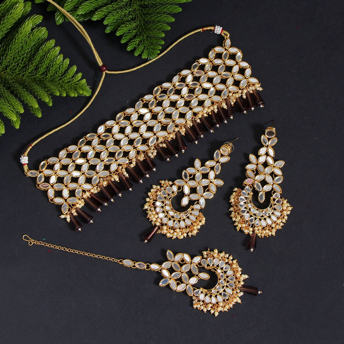 Brown Color Kundan Mirror Necklaces Set (MRN108BRW) - preyans.com