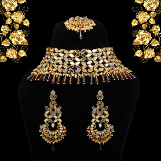 Brown Color Kundan Mirror Necklaces Set (MRN108BRW) - preyans.com