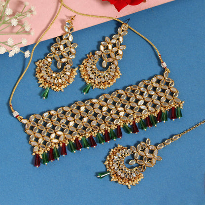 Maroon & Green Color Kundan Mirror Necklaces Set (MRN108MG) - preyans.com