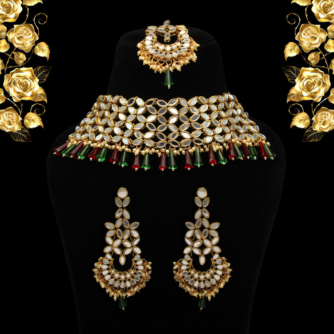 Maroon & Green Color Kundan Mirror Necklaces Set (MRN108MG) - preyans.com