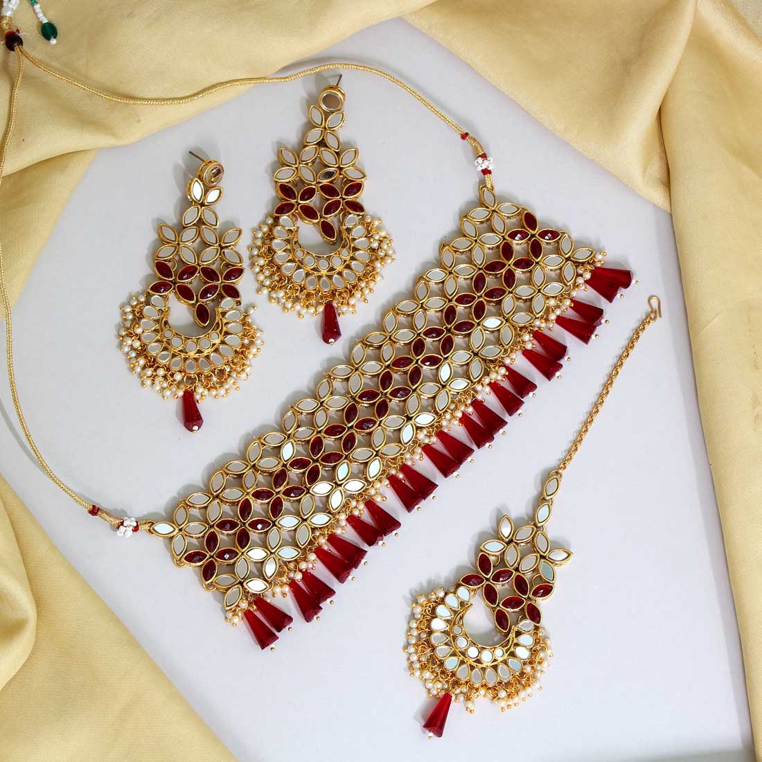 Maroon Color Kundan Mirror Choker Necklace Set (MRN108MRN) - preyans.com