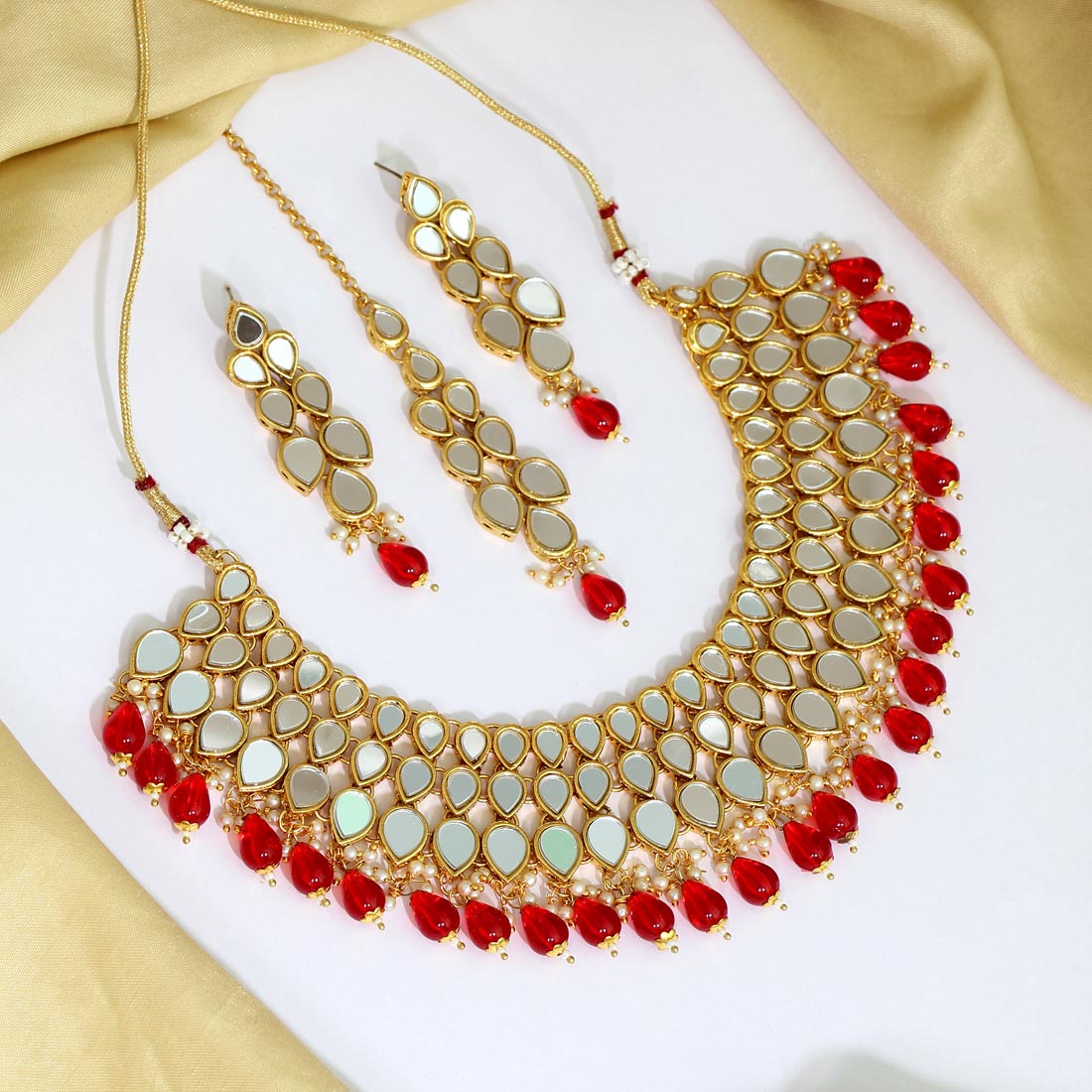 Red Color Kundan Mirror Necklaces Set (MRN109RED) - preyans.com