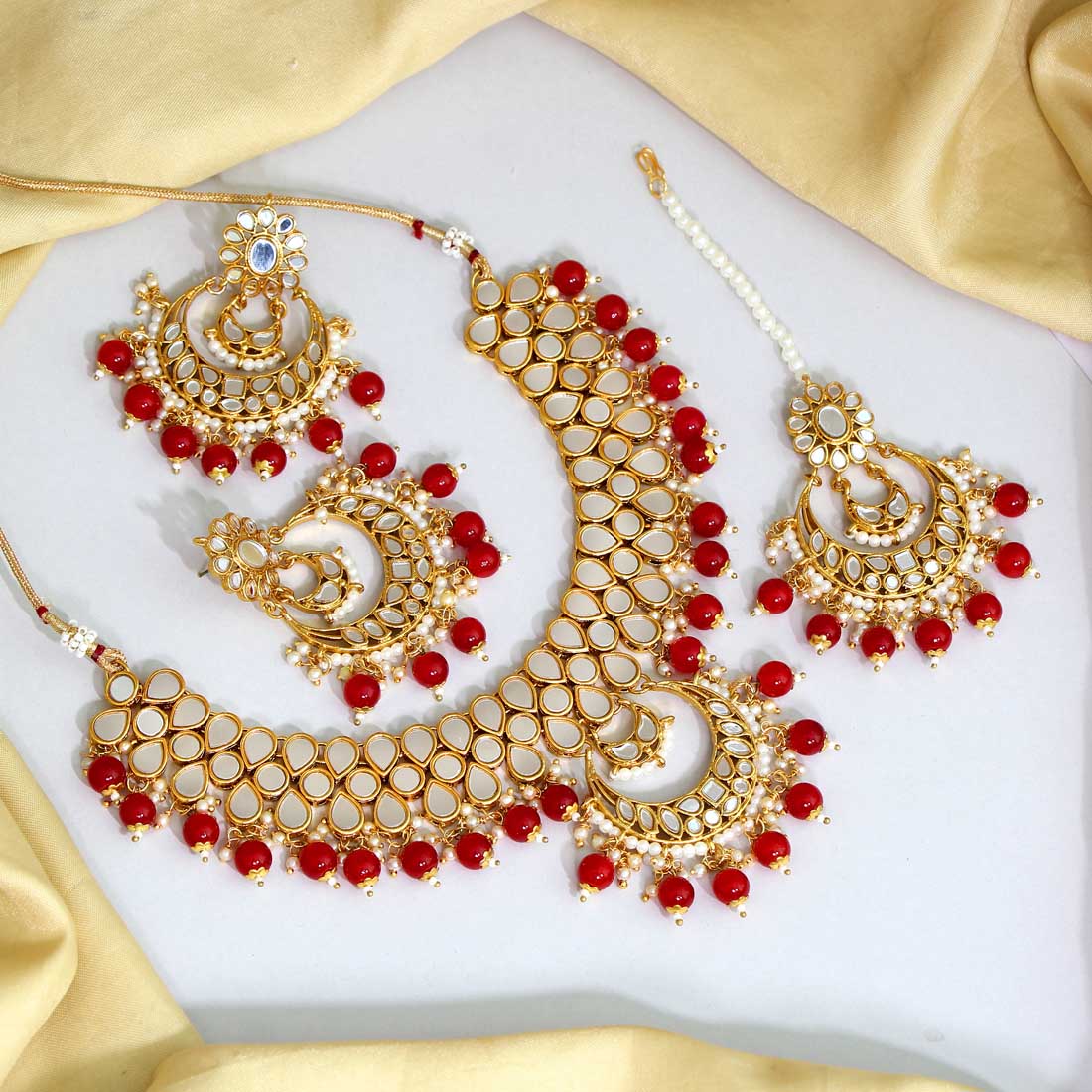 Maroon Color Kundan Mirror Necklaces Set (MRN110RED) - preyans.com