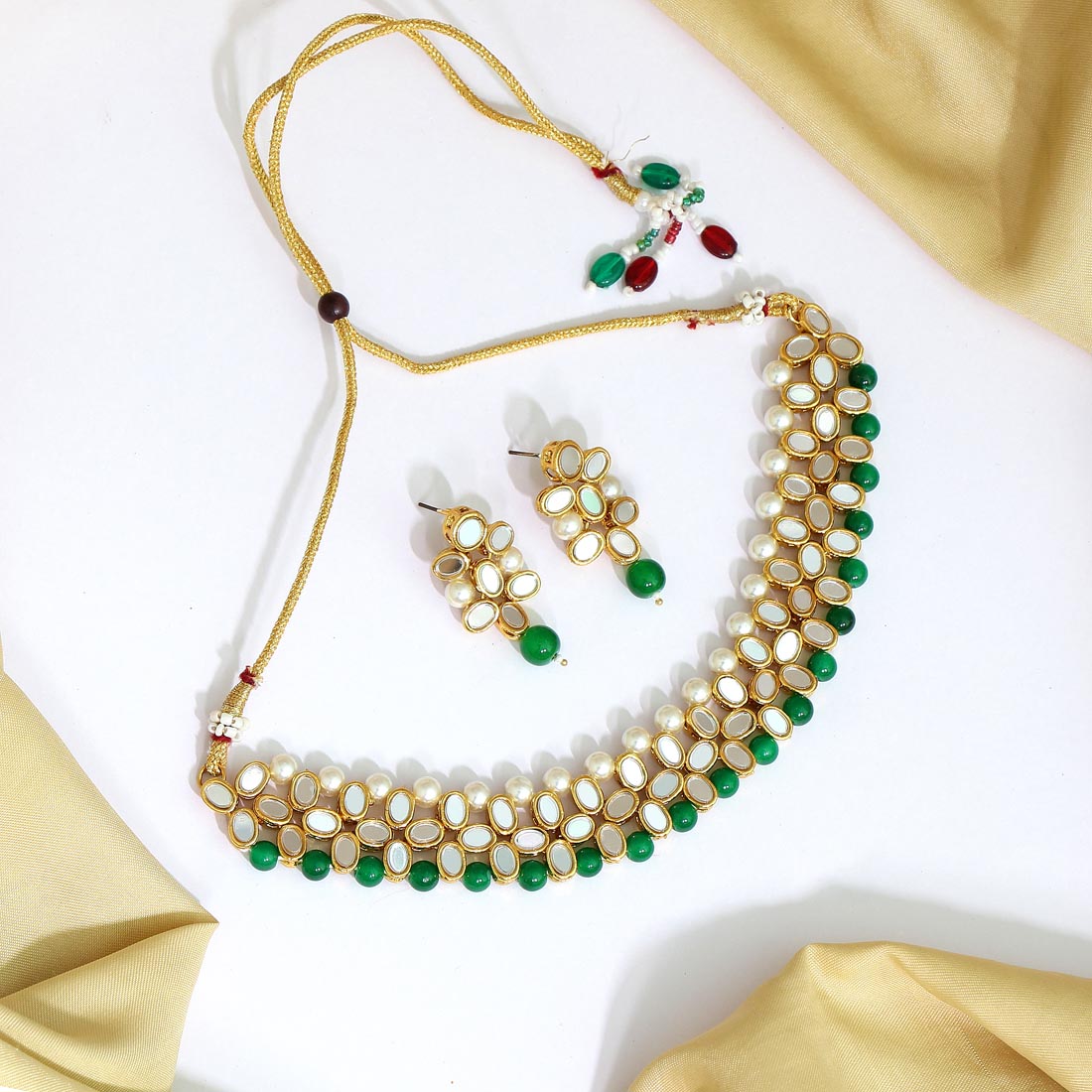 Green Color Kundan Mirror Necklaces Set (MRN111GRN) - Preyans.com