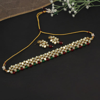 Maroon & Green Color Choker Kundan Mirror Necklaces Set (MRN111MG) - Preyans.com