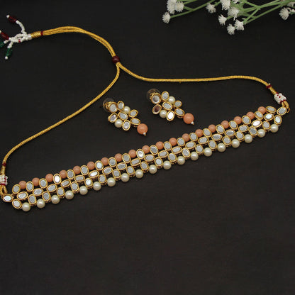 Peach Color Choker Kundan Mirror Necklaces Set (MRN111PCH) - Preyans.com