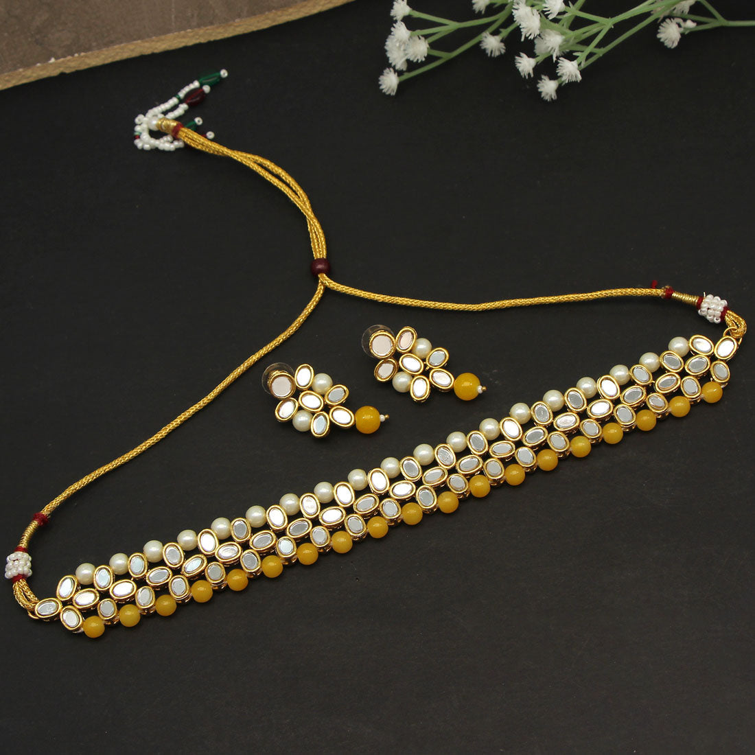 Yellow Color Choker Kundan Mirror Necklaces Set (MRN111YLW) - Preyans.com