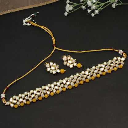 Yellow Color Choker Kundan Mirror Necklaces Set (MRN111YLW) - Preyans.com