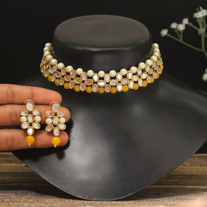 Yellow Color Choker Kundan Mirror Necklaces Set (MRN111YLW) - Preyans.com