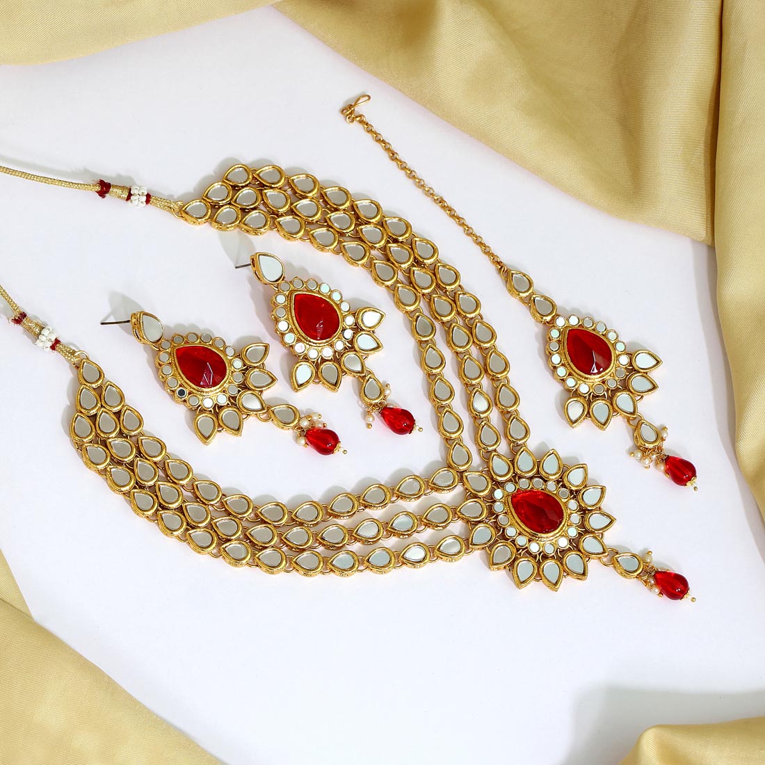 Red Color Kundan Mirror Necklaces Set (MRN112RED) - preyans.com