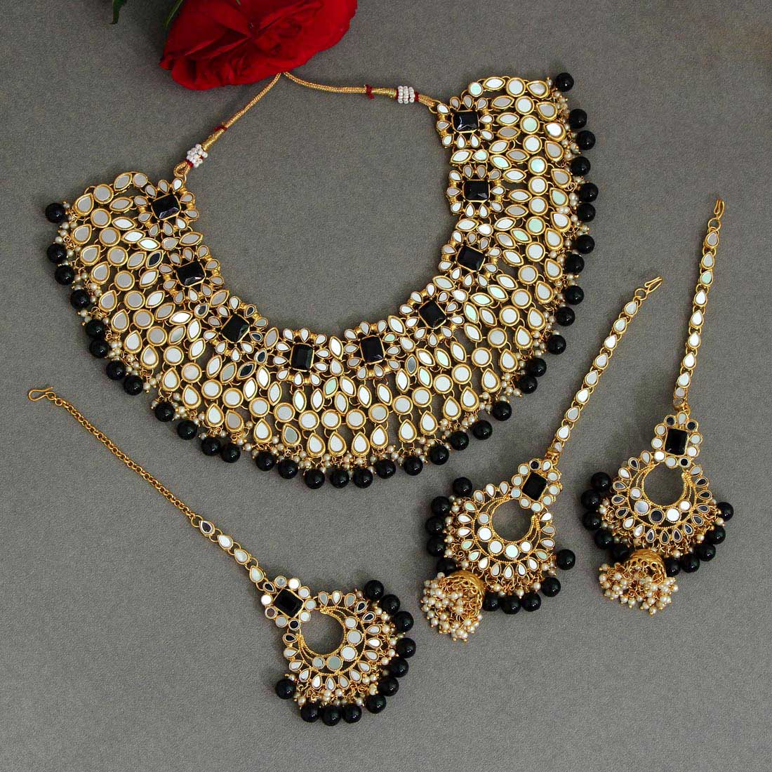 Black Color Kundan Mirror Necklaces Set (MRN113BLK) - preyans.com