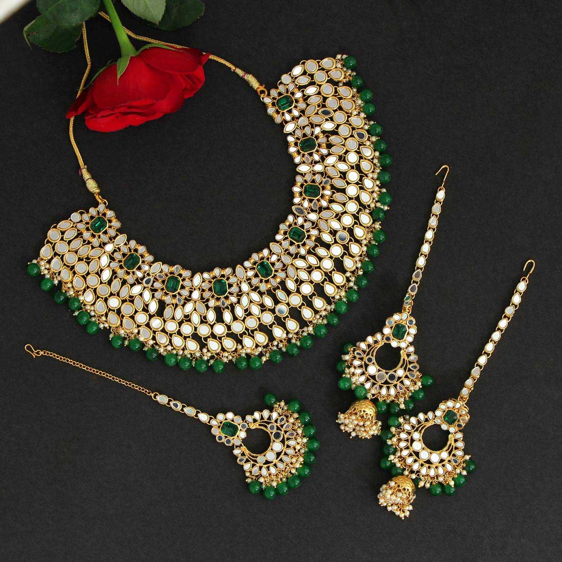 Green Color Kundan Mirror Necklaces Set (MRN113GRN) - preyans.com