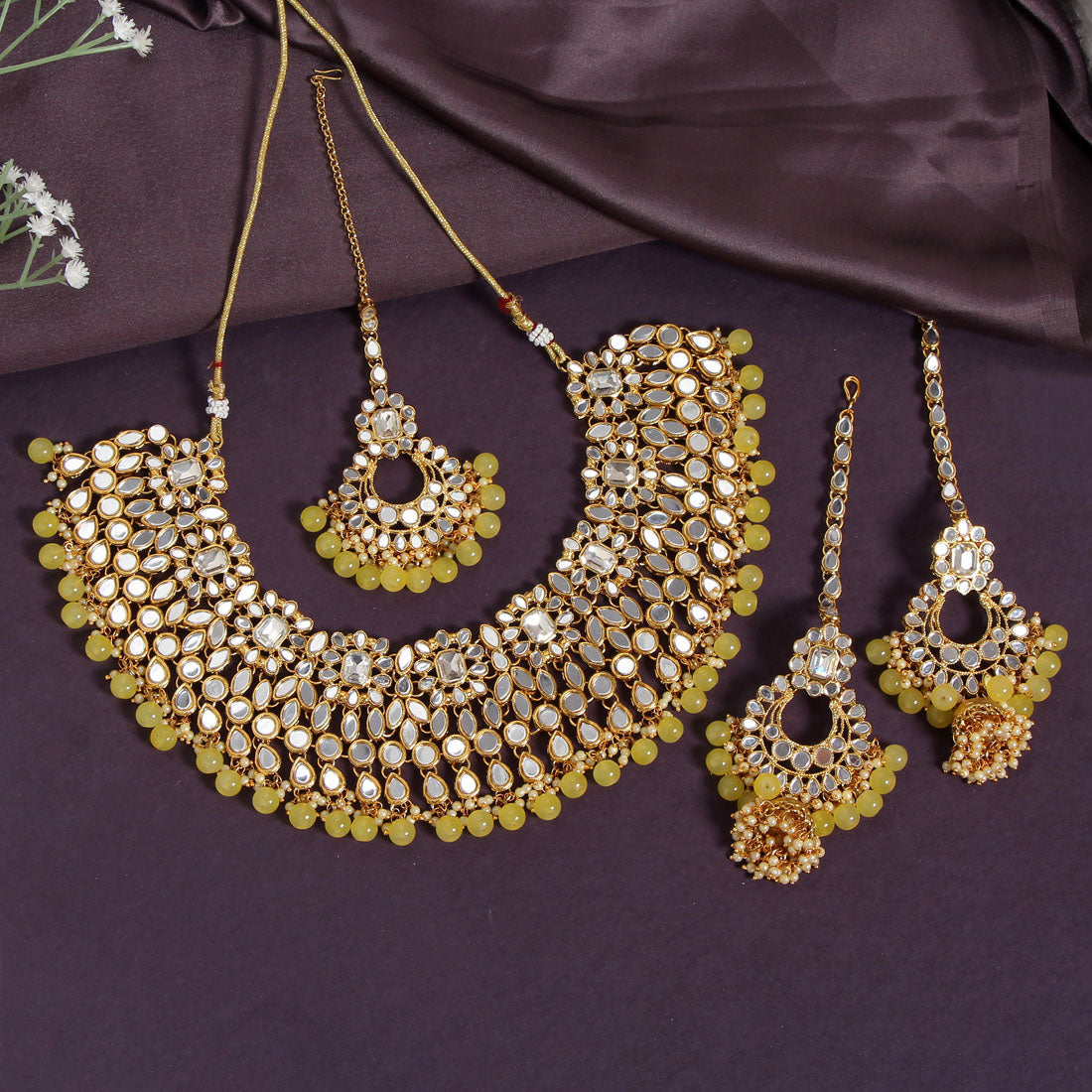 Lemon Yellow Color Kundan Mirror Necklaces Set (MRN113LYLW) - preyans.com