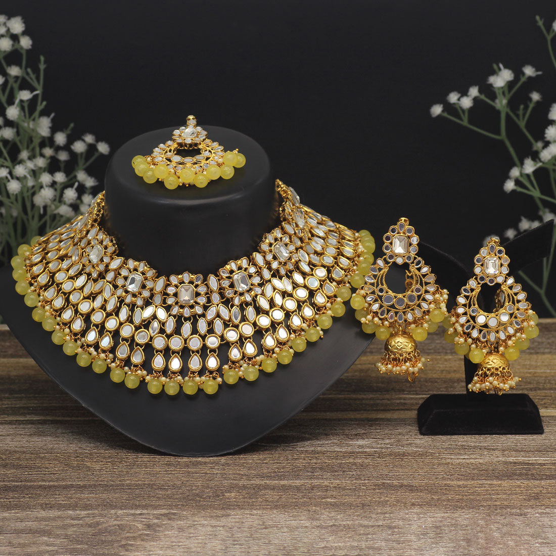 Lemon Yellow Color Kundan Mirror Necklaces Set (MRN113LYLW) - preyans.com