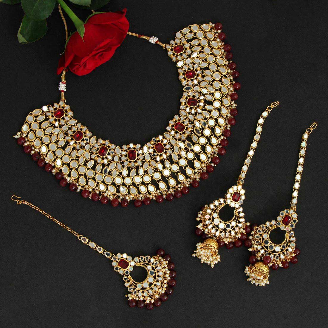 Maroon Color Kundan Mirror Necklaces Set (MRN113MRN) - preyans.com