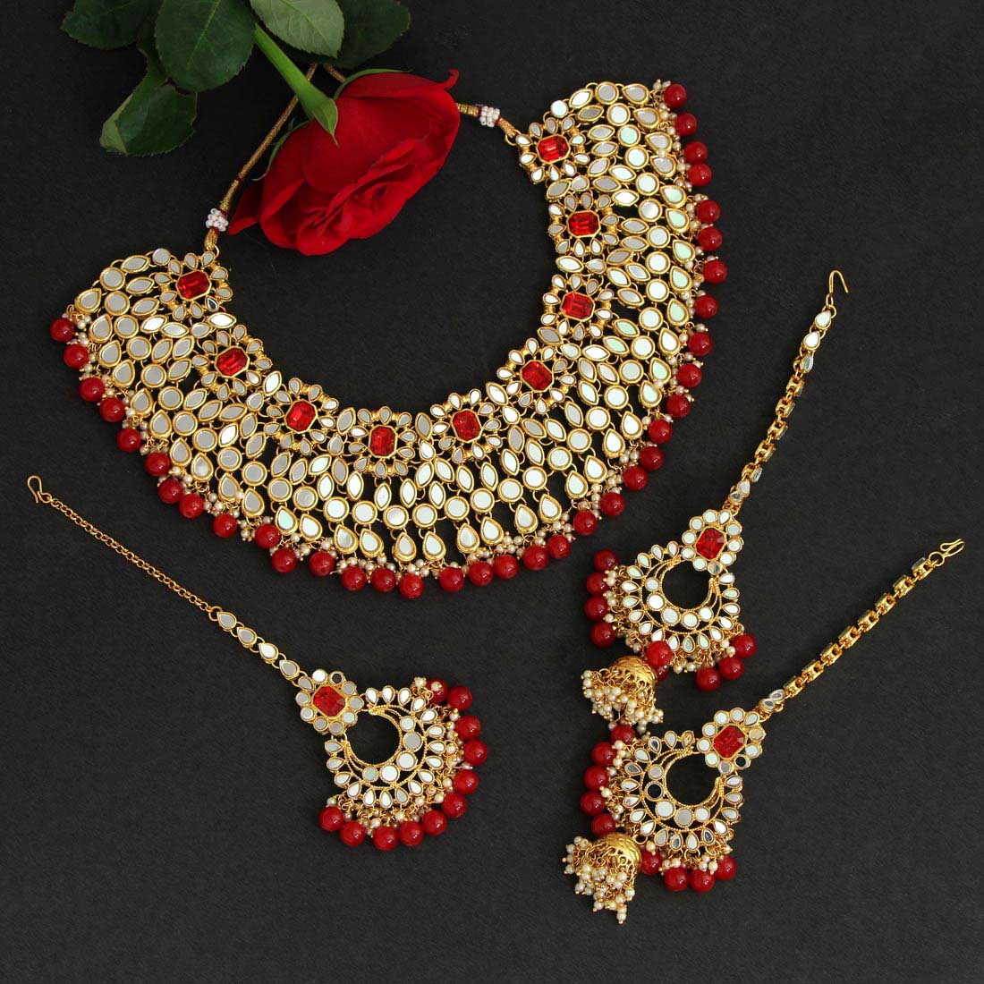 Red Color Kundan Mirror Necklaces Set (MRN113RED) - preyans.com