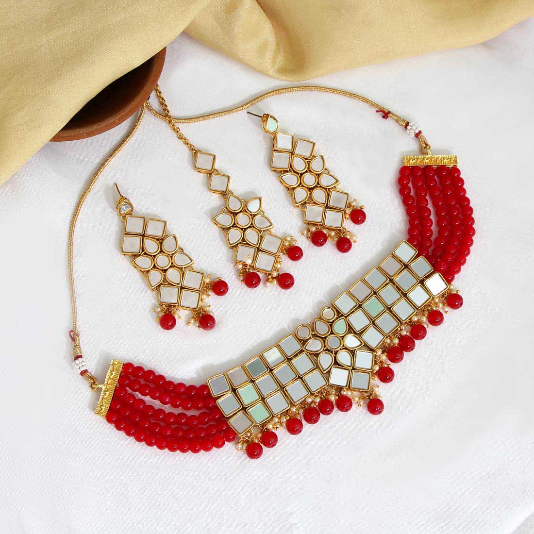 Red Color Choker Kundan Mirror Necklaces Set (MRN114RED) - preyans.com