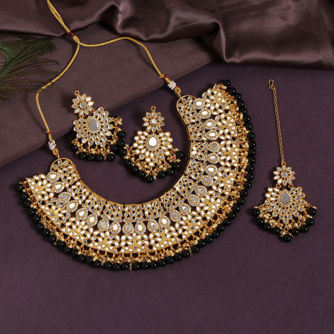 Black Color Kundan Mirror Necklaces Set (MRN115BLK) - preyans.com