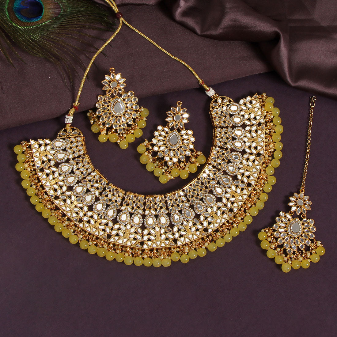 Lemon Yellow Color Kundan Mirror Necklaces Set (MRN115LYLW) - preyans.com