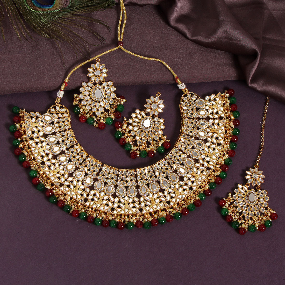 Maroon & Green Color Kundan Mirror Necklaces Set (MRN115MG) - preyans.com